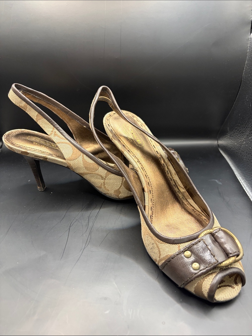 Coach Brown Canvas & Dark Brown Leather Peep-Toe Slingback Heels - Picture 4 of 5